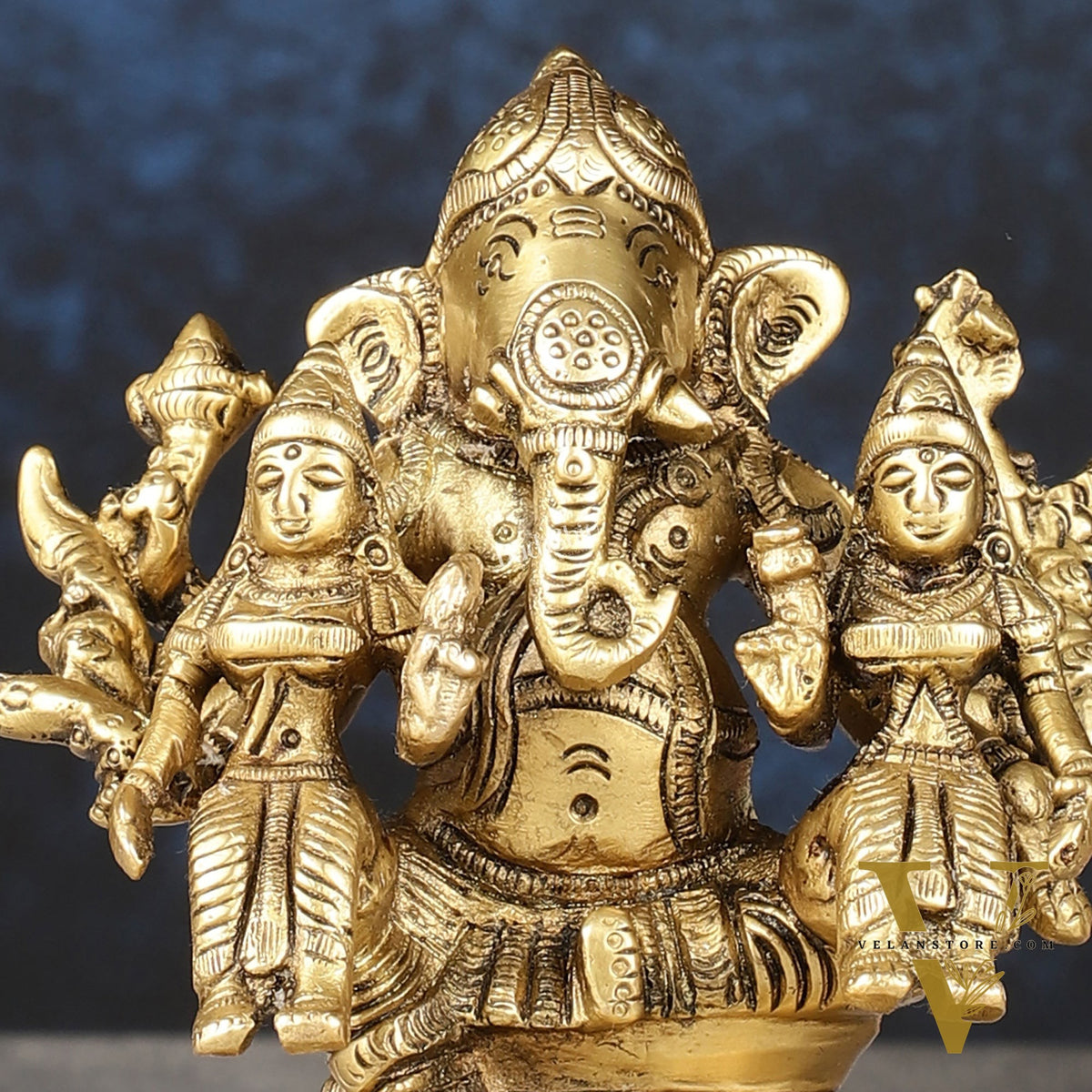 Handcrafted Brass Ganapathi with Wives Riddhi and Siddhi - 4.5 inches
