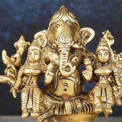 Handcrafted Brass Ganapathi with Wives Riddhi and Siddhi - 4.5 inches