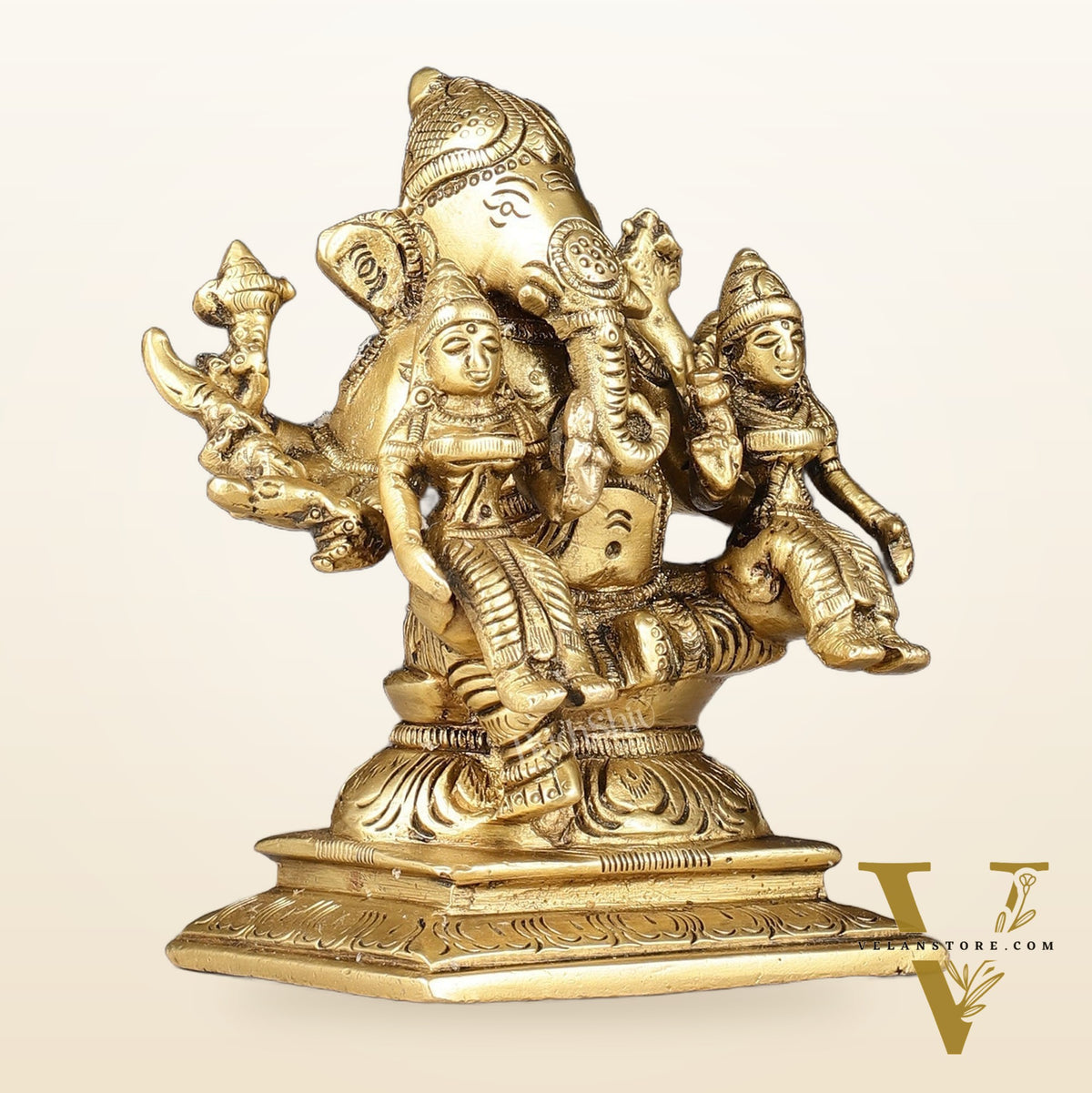 Handcrafted Brass Ganapathi with Wives Riddhi and Siddhi - 4.5 inches