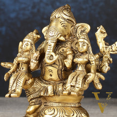 Handcrafted Brass Ganapathi with Wives Riddhi and Siddhi - 4.5 inches