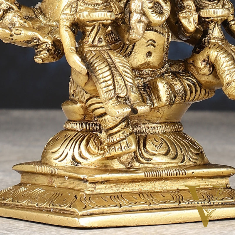 Handcrafted Brass Ganapathi with Wives Riddhi and Siddhi - 4.5 inches