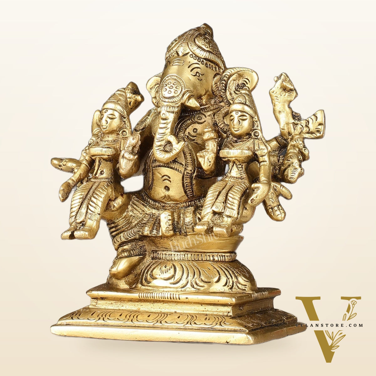 Handcrafted Brass Ganapathi with Wives Riddhi and Siddhi - 4.5 inches
