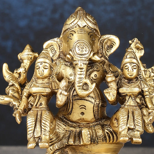 Handcrafted Brass Ganapathi with Wives Riddhi and Siddhi - 4.5 inches