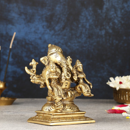 Handcrafted Brass Ganapathi with Wives Riddhi and Siddhi - 4.5 inches