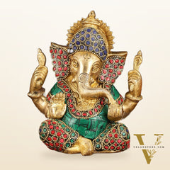 Handcrafted Brass Ganesha Idol - Golden Finish, Stonework, 6" Height