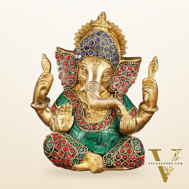 Handcrafted Brass Ganesha Idol - Golden Finish, Stonework, 6" Height
