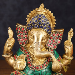 Handcrafted Brass Ganesha Idol - Golden Finish, Stonework, 6" Height