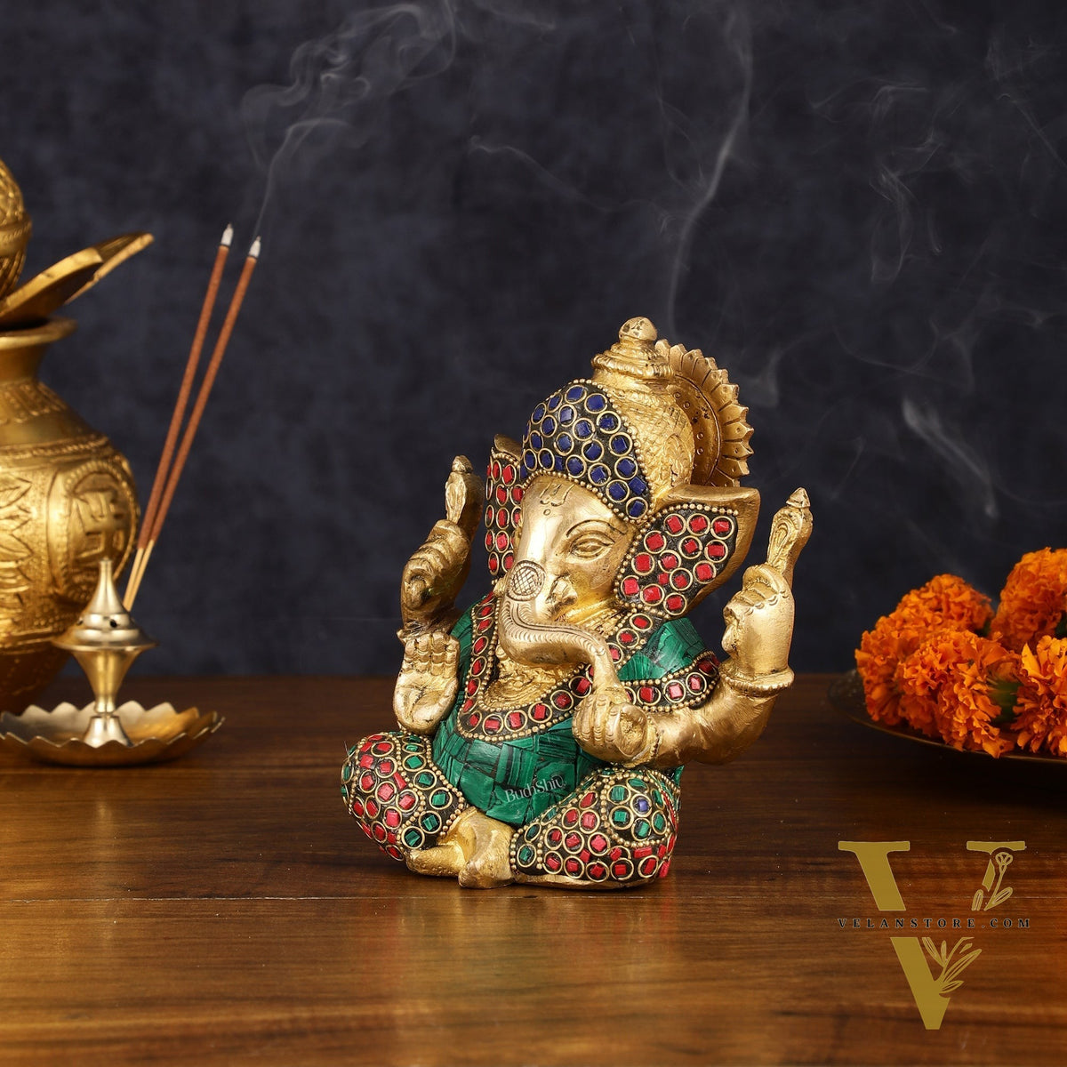 Handcrafted Brass Ganesha Idol - Golden Finish, Stonework, 6" Height