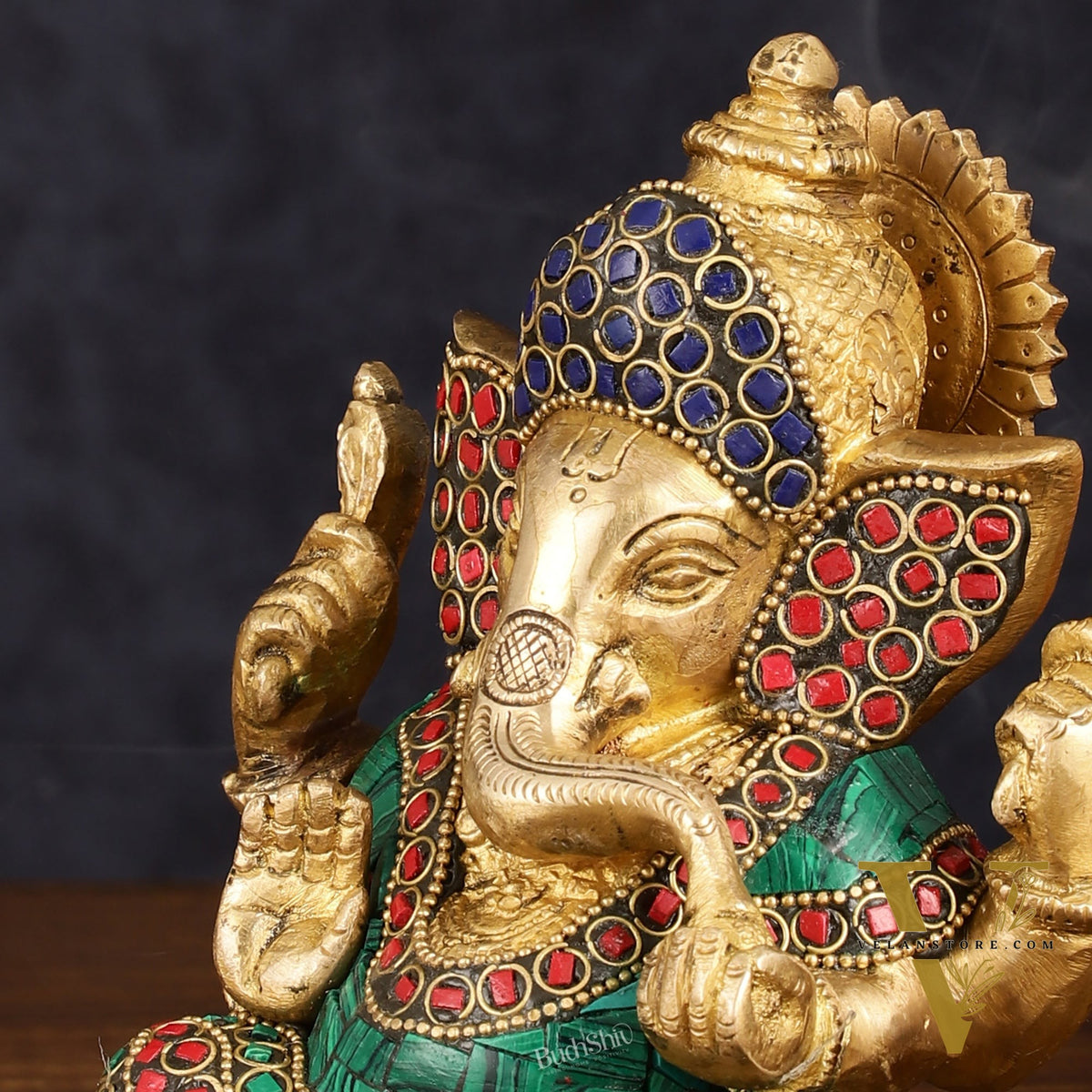 Handcrafted Brass Ganesha Idol - Golden Finish, Stonework, 6" Height
