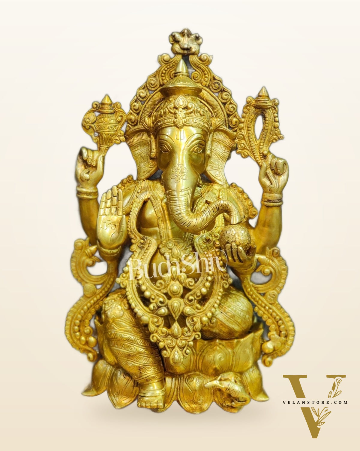 Handcrafted Brass Ganesha Idol: Seated on Lotus Pedestal 21"