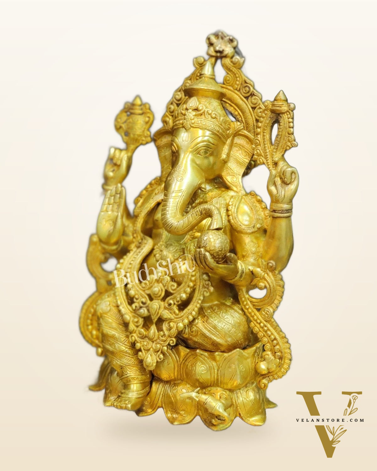Handcrafted Brass Ganesha Idol: Seated on Lotus Pedestal 21"