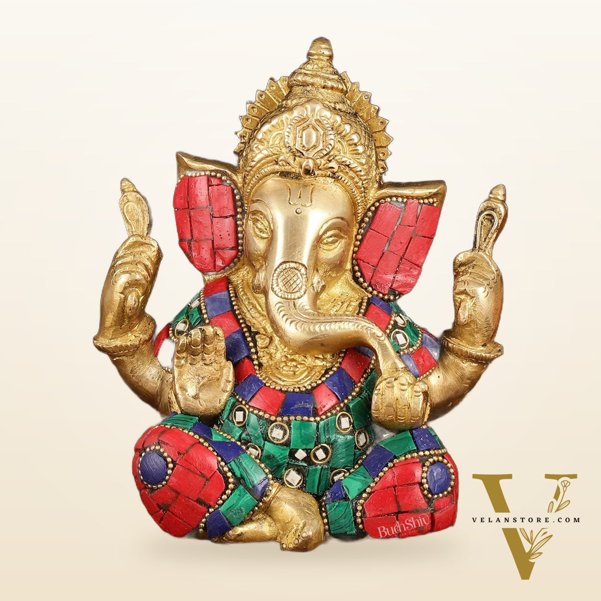 Handcrafted Brass Ganesha Idol with Golden Finish and Stonework - 6" Height