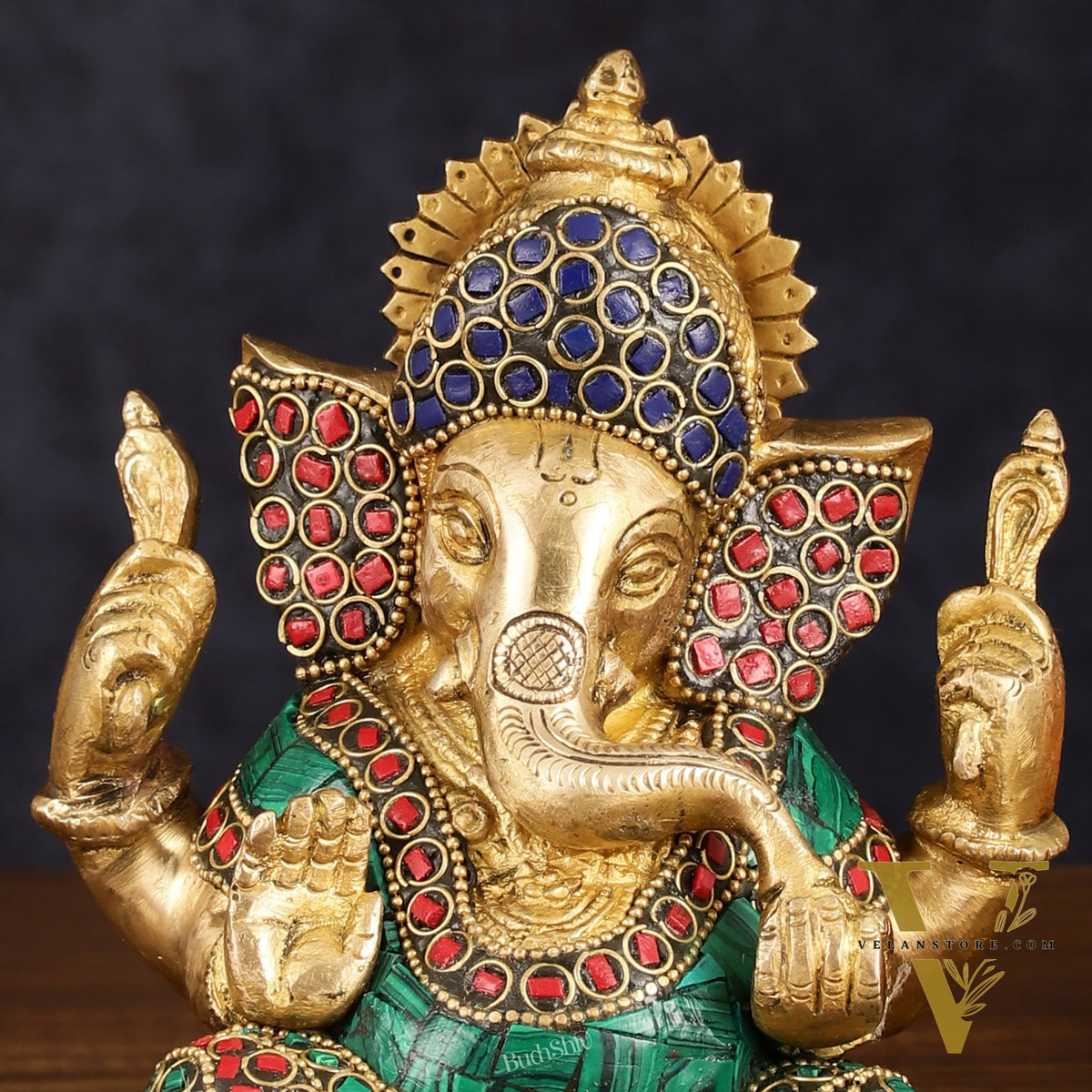 Handcrafted Brass Ganesha Idol with Golden Finish and Stonework, 6" High