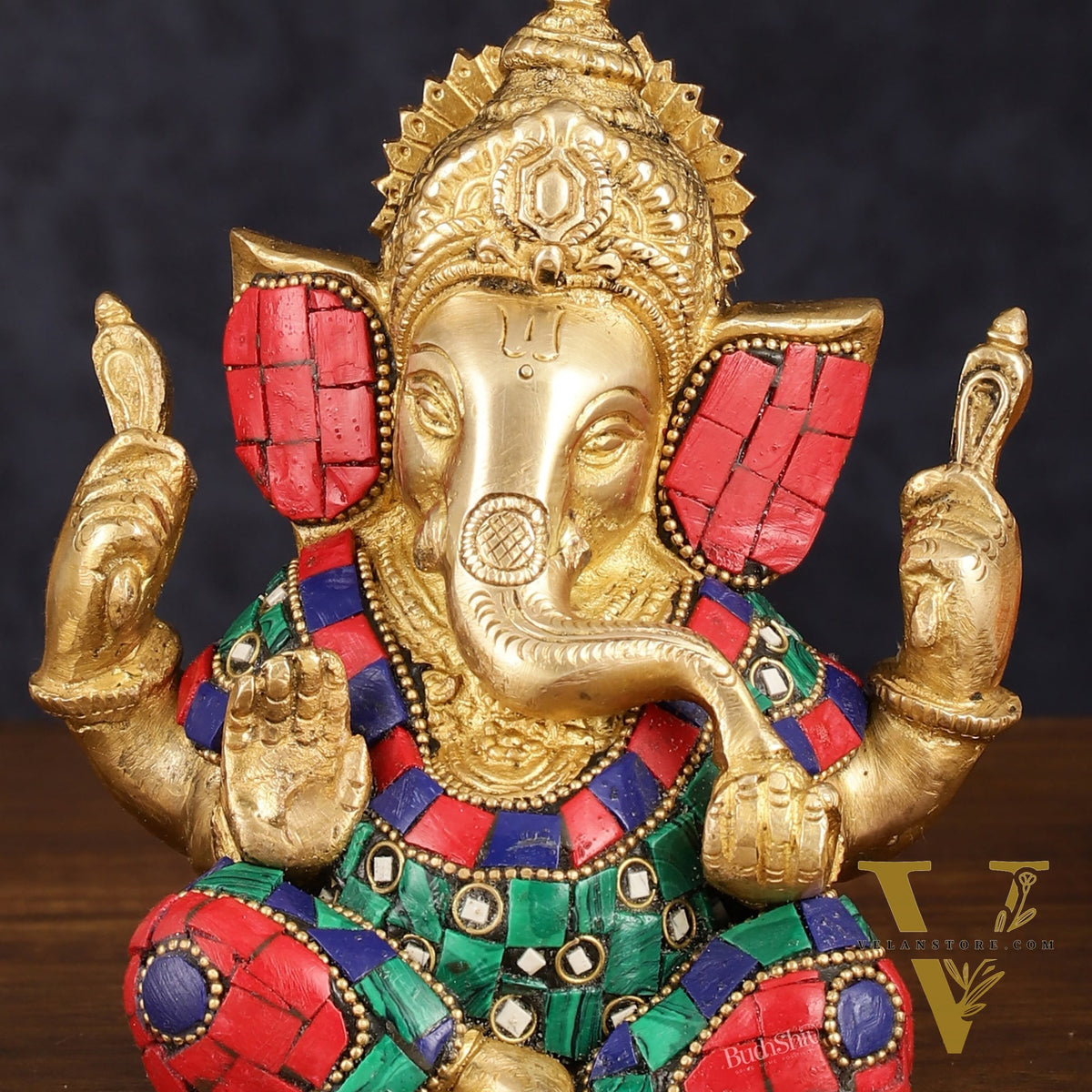 Handcrafted Brass Ganesha Idol with Golden Finish and Stonework - 6" Height