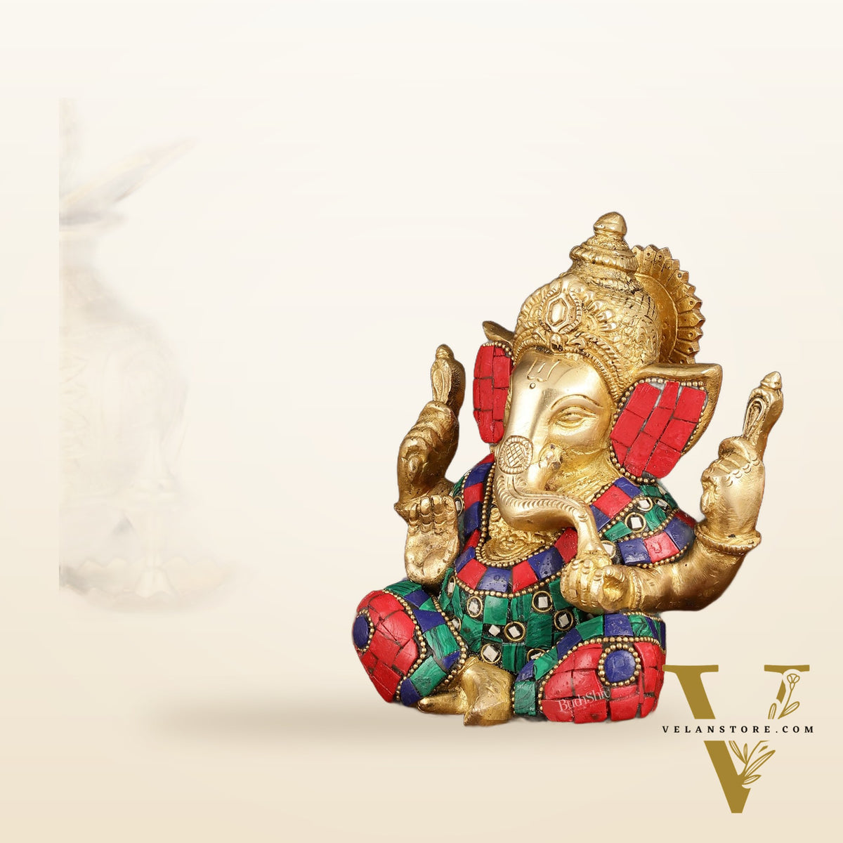 Handcrafted Brass Ganesha Idol with Golden Finish and Stonework - 6" Height