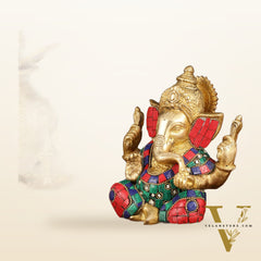 Handcrafted Brass Ganesha Idol with Golden Finish and Stonework - 6" Height