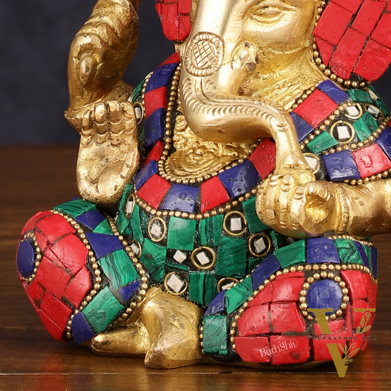 Handcrafted Brass Ganesha Idol with Golden Finish and Stonework - 6" Height