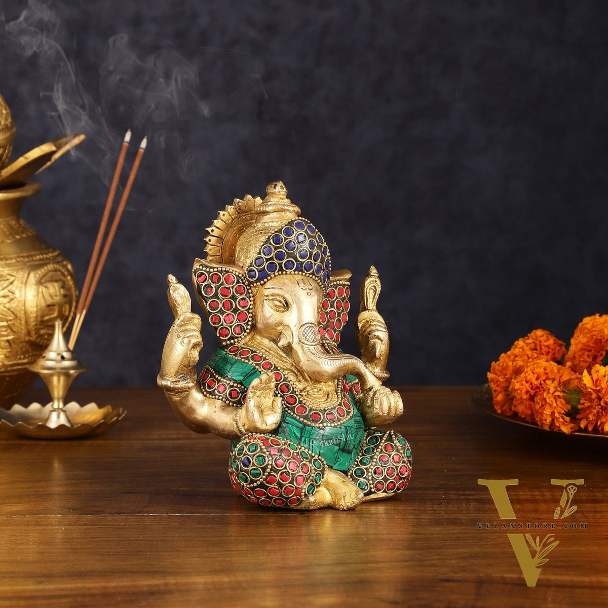 Handcrafted Brass Ganesha Idol with Golden Finish and Stonework, 6" High