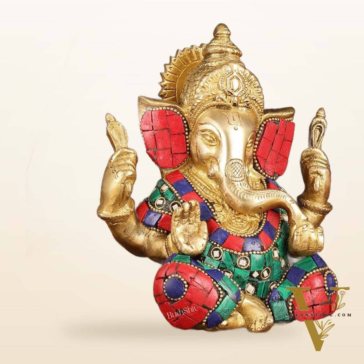 Handcrafted Brass Ganesha Idol with Golden Finish and Stonework - 6" Height