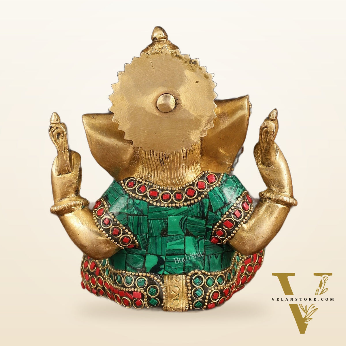 Handcrafted Brass Ganesha Idol with Golden Finish and Stonework, 6" High