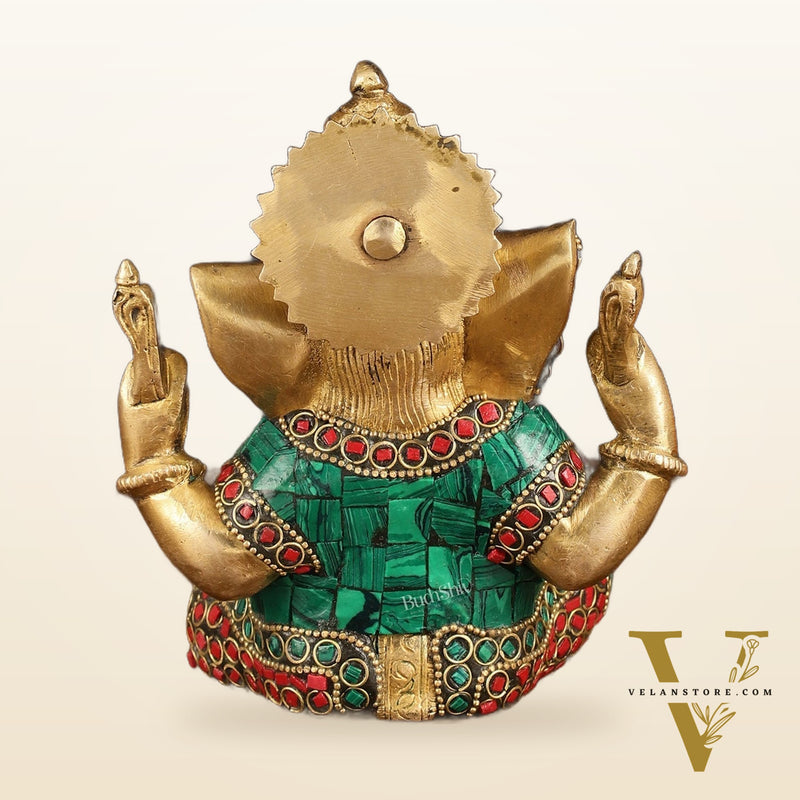 Handcrafted Brass Ganesha Idol with Golden Finish and Stonework, 6" High