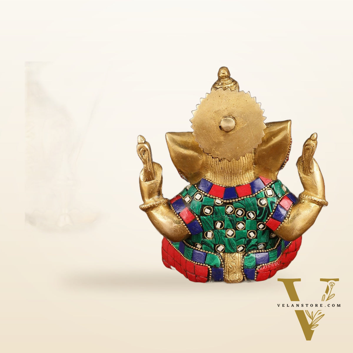 Handcrafted Brass Ganesha Idol with Golden Finish and Stonework - 6" Height