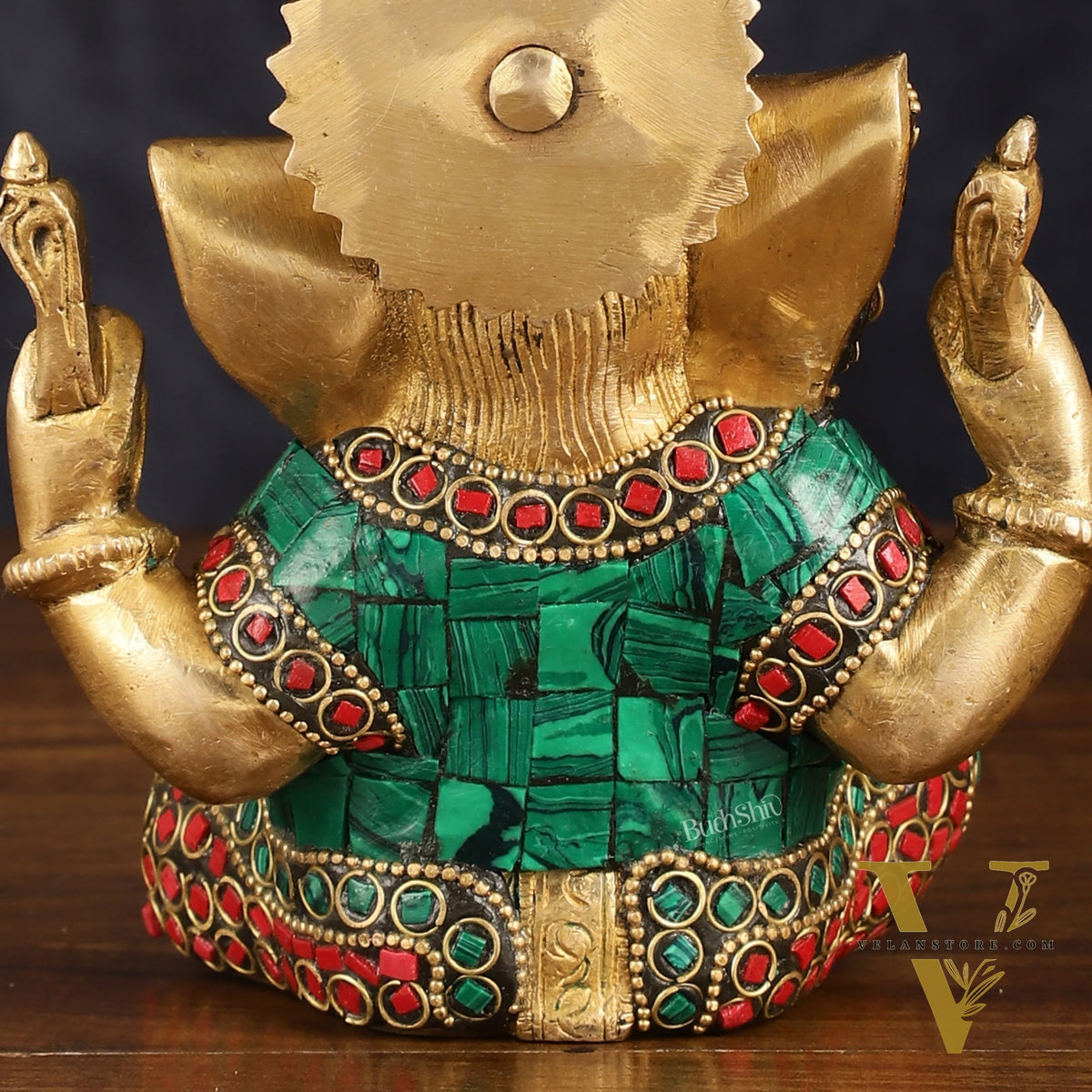 Handcrafted Brass Ganesha Idol with Golden Finish and Stonework, 6" High