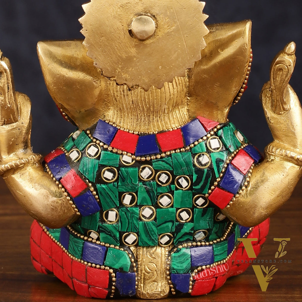 Handcrafted Brass Ganesha Idol with Golden Finish and Stonework - 6" Height