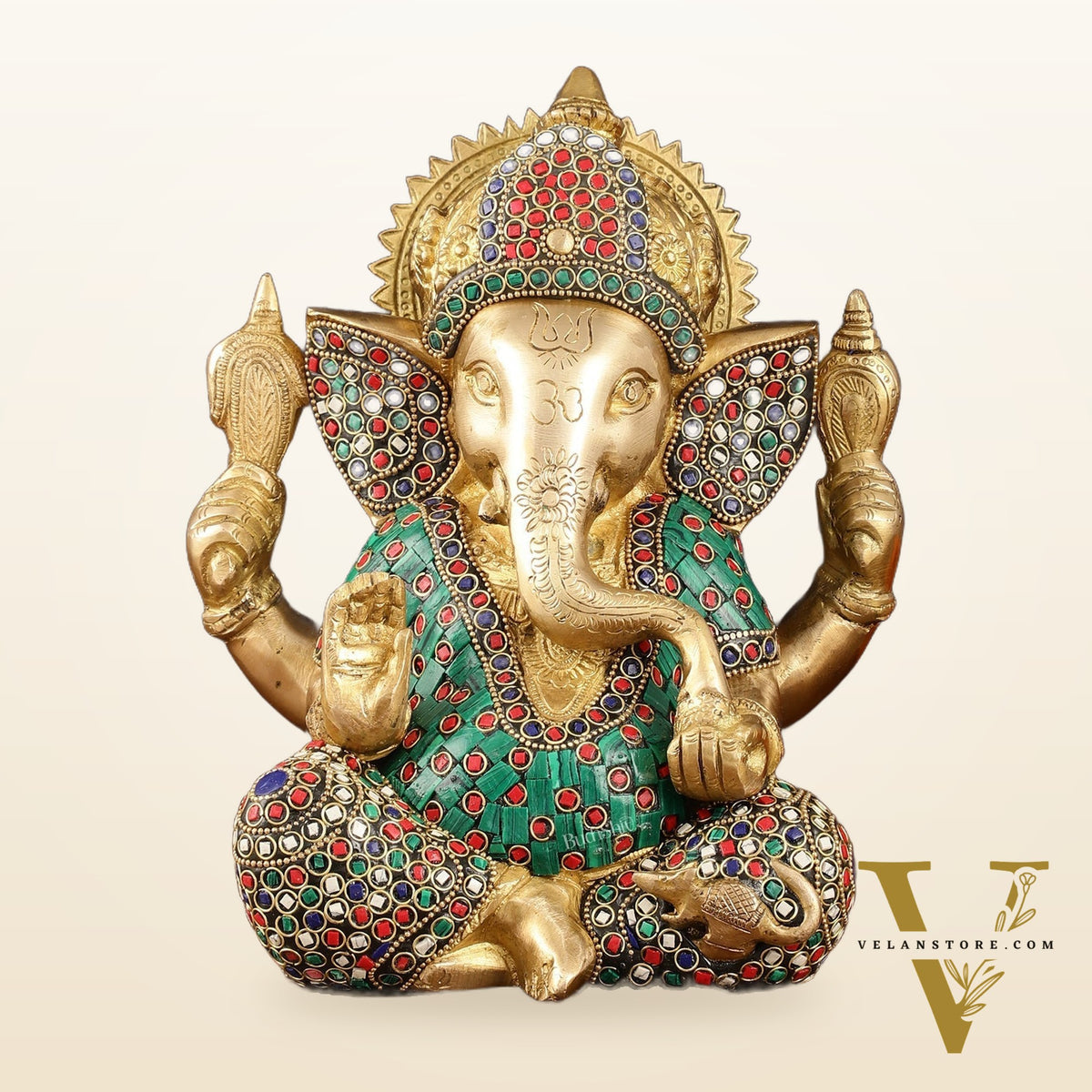 Handcrafted Brass Ganesha Idol with Meenakari Art - 8" Height, Natural Stones