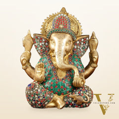 Handcrafted Brass Ganesha Idol with Meenakari Art - 8" Height, Natural Stones