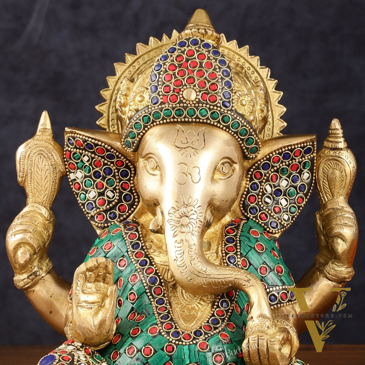 Handcrafted Brass Ganesha Idol with Meenakari Art - 8" Height, Natural Stones