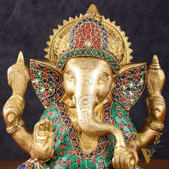 Handcrafted Brass Ganesha Idol with Meenakari Art - 8" Height, Natural Stones