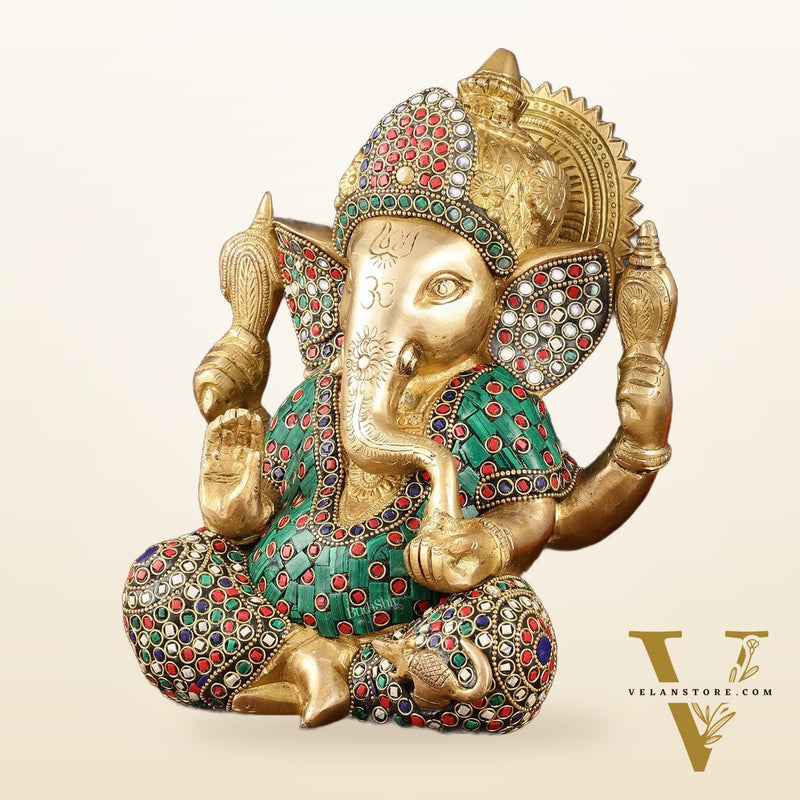 Handcrafted Brass Ganesha Idol with Meenakari Art - 8" Height, Natural Stones