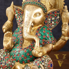 Handcrafted Brass Ganesha Idol with Meenakari Art - 8" Height, Natural Stones