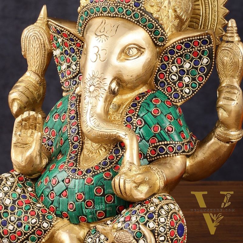 Handcrafted Brass Ganesha Idol with Meenakari Art - 8" Height, Natural Stones