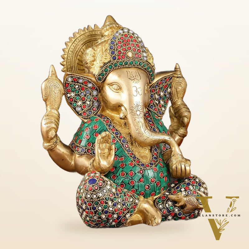 Handcrafted Brass Ganesha Idol with Meenakari Art - 8" Height, Natural Stones