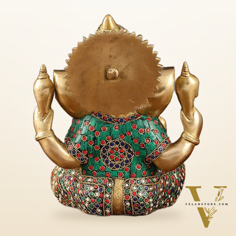 Handcrafted Brass Ganesha Idol with Meenakari Art - 8" Height, Natural Stones