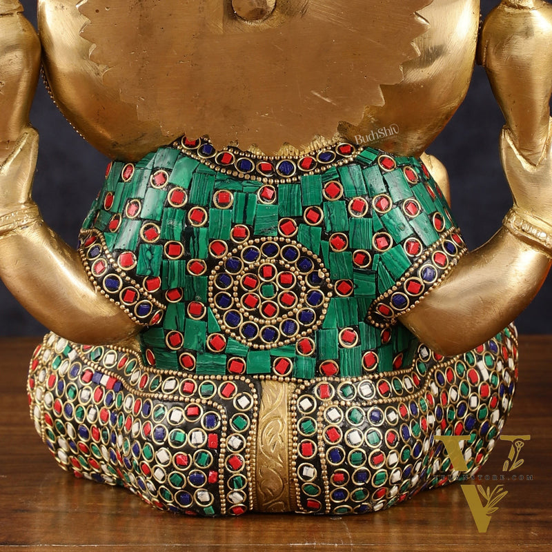 Handcrafted Brass Ganesha Idol with Meenakari Art - 8" Height, Natural Stones