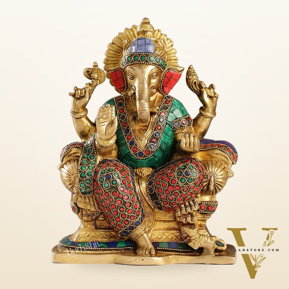 Handcrafted Brass Ganesha Idol with Meenakari Stonework | 10" Height | Artistic Excellence