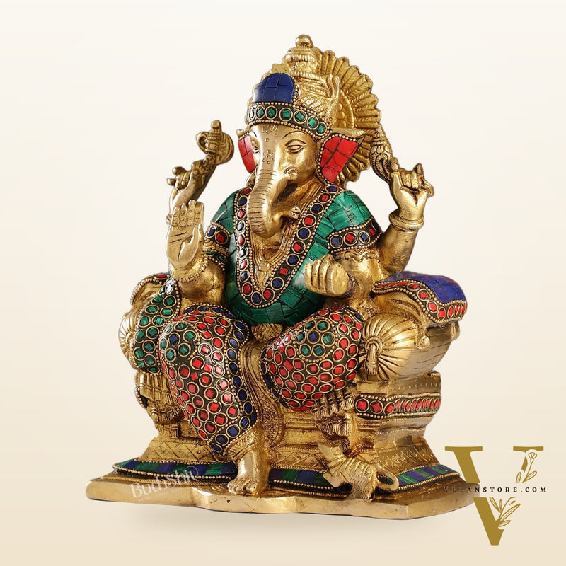 Handcrafted Brass Ganesha Idol with Meenakari Stonework | 10" Height | Artistic Excellence