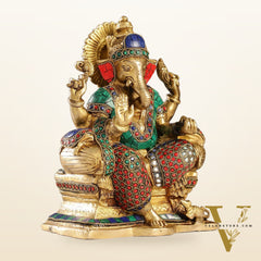Handcrafted Brass Ganesha Idol with Meenakari Stonework | 10" Height | Artistic Excellence