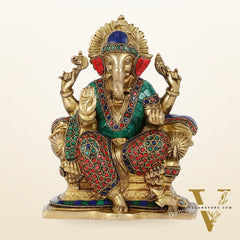 Handcrafted Brass Ganesha Idol with Meenakari Stonework | 10" Height | Artistic Excellence