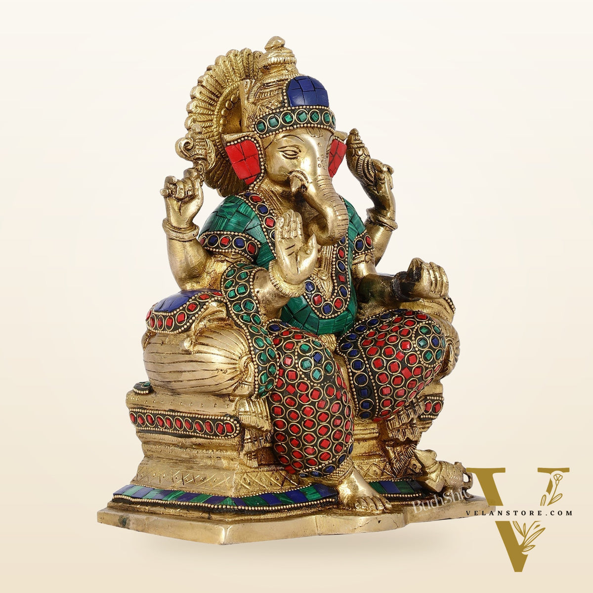 Handcrafted Brass Ganesha Idol with Meenakari Stonework | 10" Height | Artistic Excellence