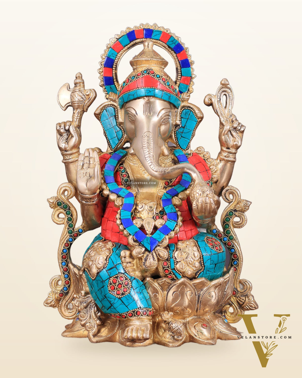 Handcrafted Brass Ganesha Idol with Meenakari Stonework - 12"