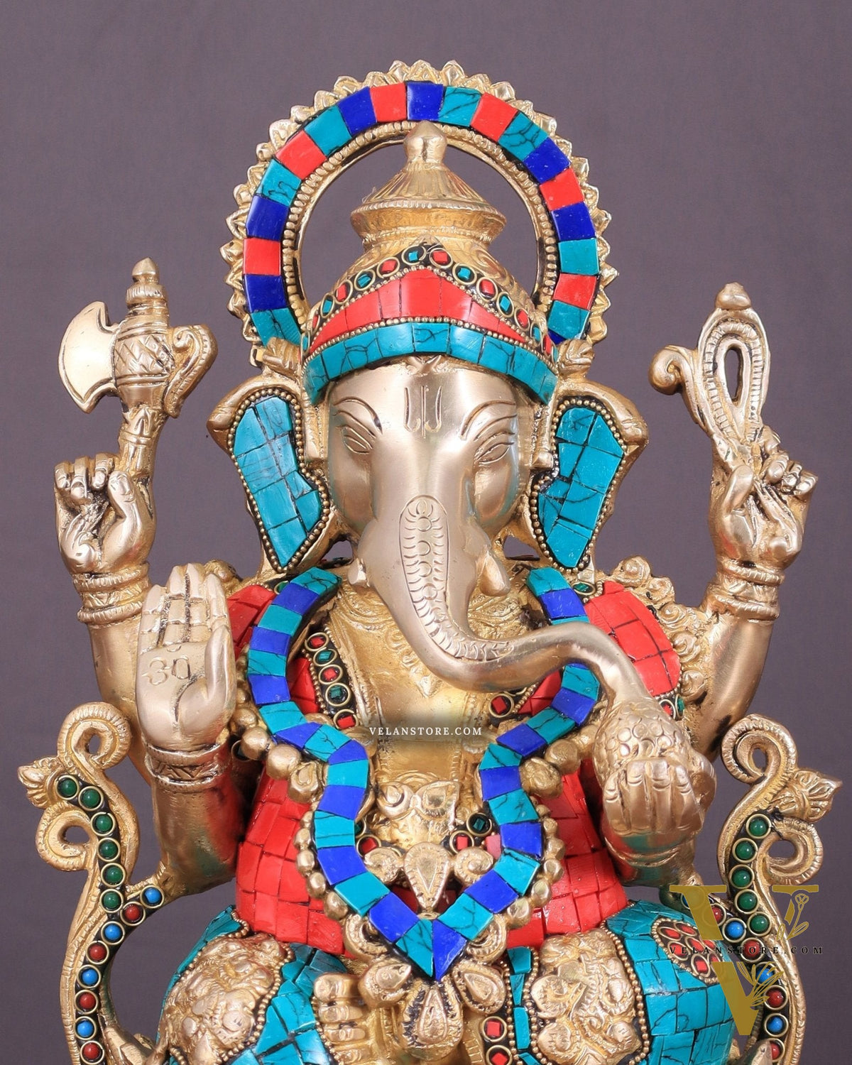 Handcrafted Brass Ganesha Idol with Meenakari Stonework - 12"