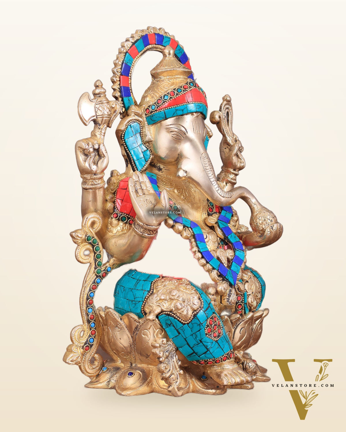 Handcrafted Brass Ganesha Idol with Meenakari Stonework - 12"