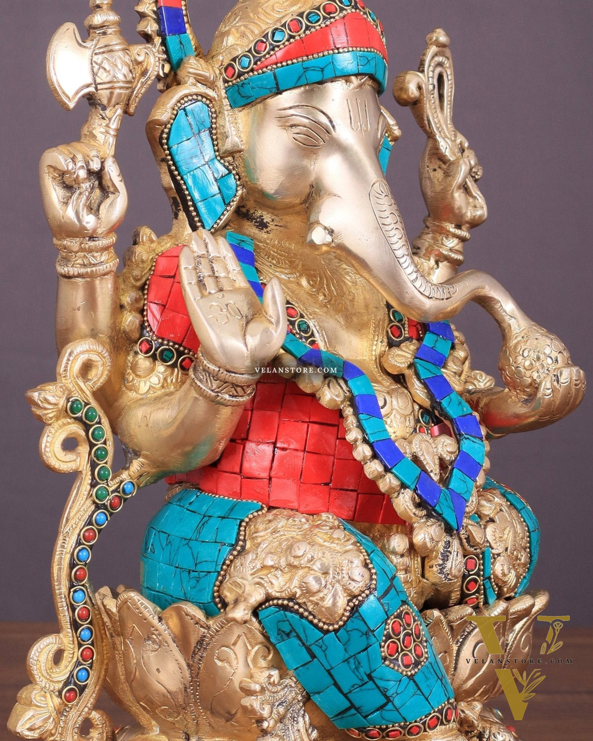 Handcrafted Brass Ganesha Idol with Meenakari Stonework - 12"