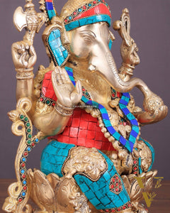 Handcrafted Brass Ganesha Idol with Meenakari Stonework - 12"