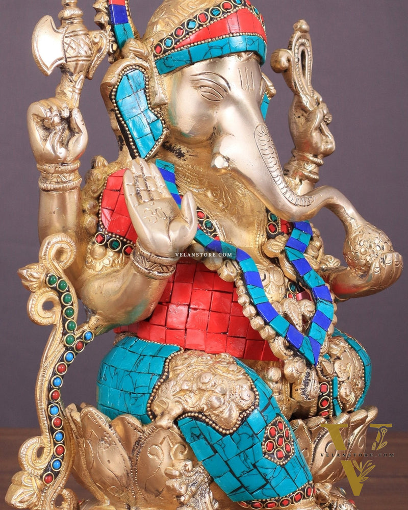 Handcrafted Brass Ganesha Idol with Meenakari Stonework - 12"