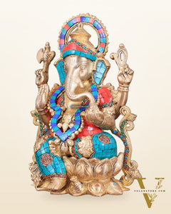 Handcrafted Brass Ganesha Idol with Meenakari Stonework - 12"